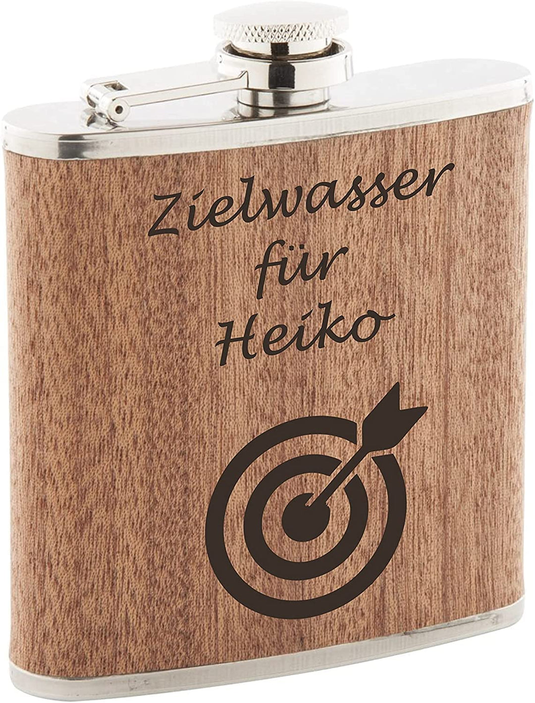 Zielwasser mit Scheibe Flachmann Holz mit Gravur personalisiert (Scheibe mit Pfeil einfach), Scheibe