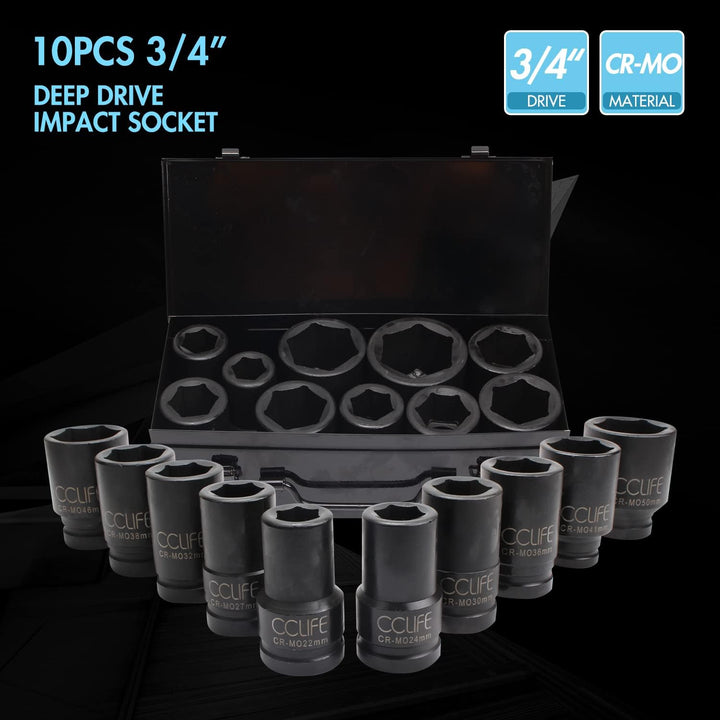 CCLIFE 10tlg 3/4 zoll Kraft Schlagschrauber Nüsse Sechskant Nuss Schlagnuss 22-50MM lang Steckschlüs
