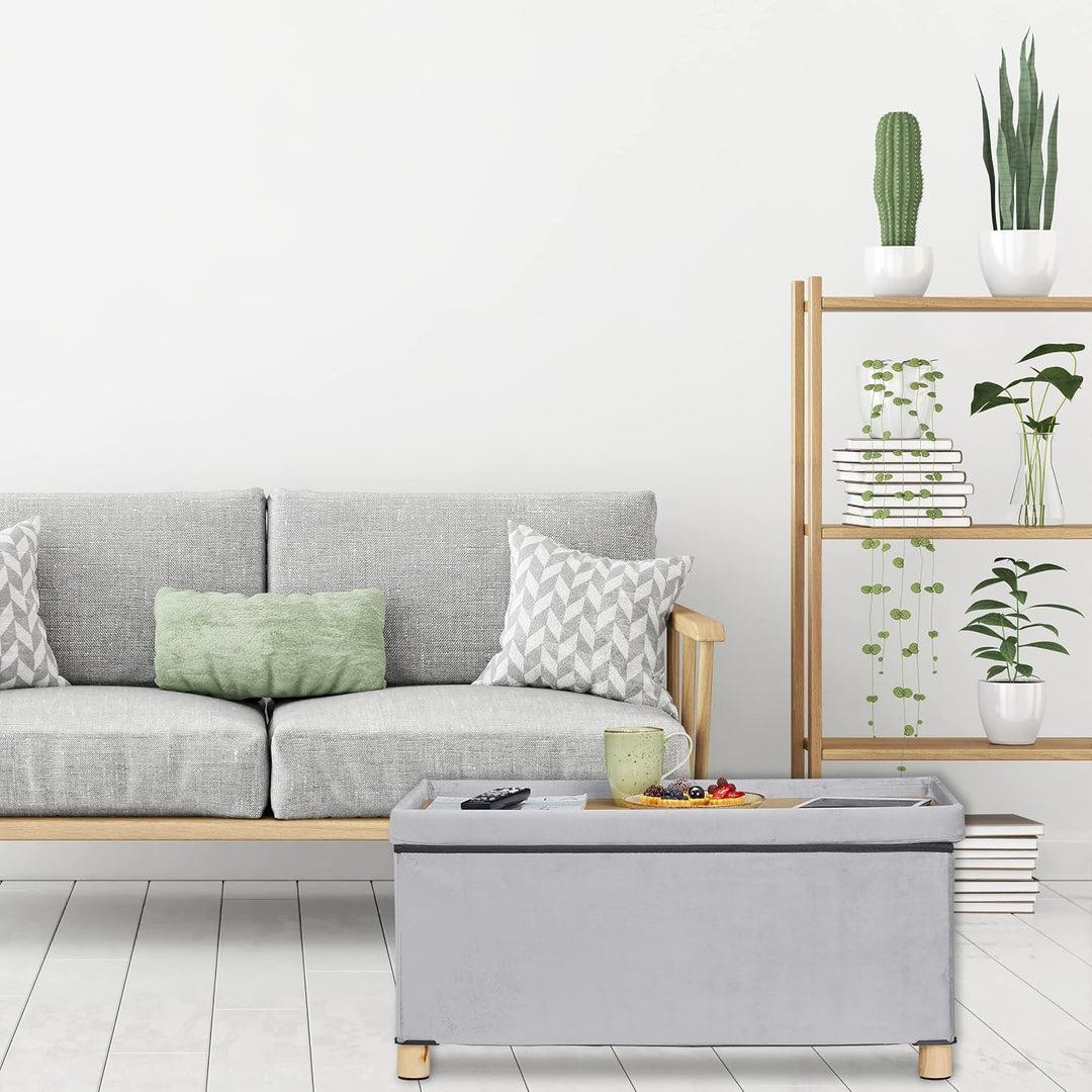 Relaxdays Sitzbank mit Stauraum, Polster, Samtbezug, Holzfüsse, bis 120 kg, faltbar, Sitztruhe HBT: