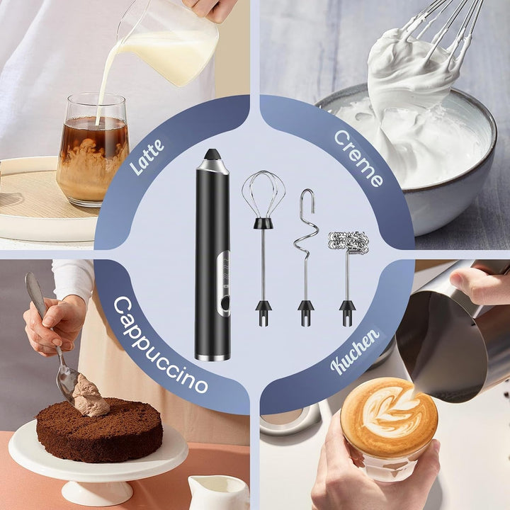 Elektrische Milchaufschäumer Stab Milchschäumer Elektrisch Wiederaufladbar mit 3 Edelstahl-Schneebes