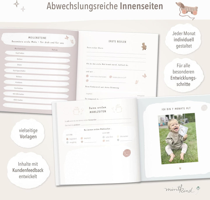 mintkind® Mein erstes Jahr Babyalbum Pattern Salbei – sanftes Babytagebuch mit 176 Seiten und Sticke
