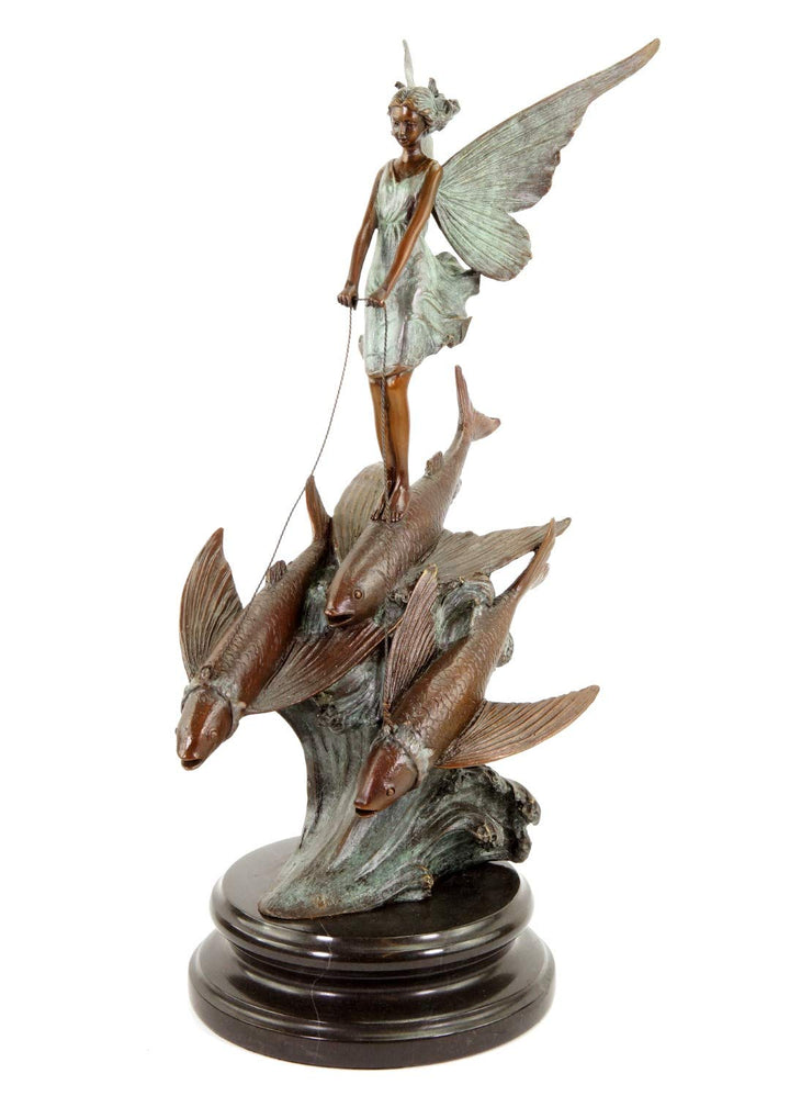 Limitierte Jugendstilfigur - Elfe reitet Fliegende Fische - signiert Milo - nummerierte Statue auf M
