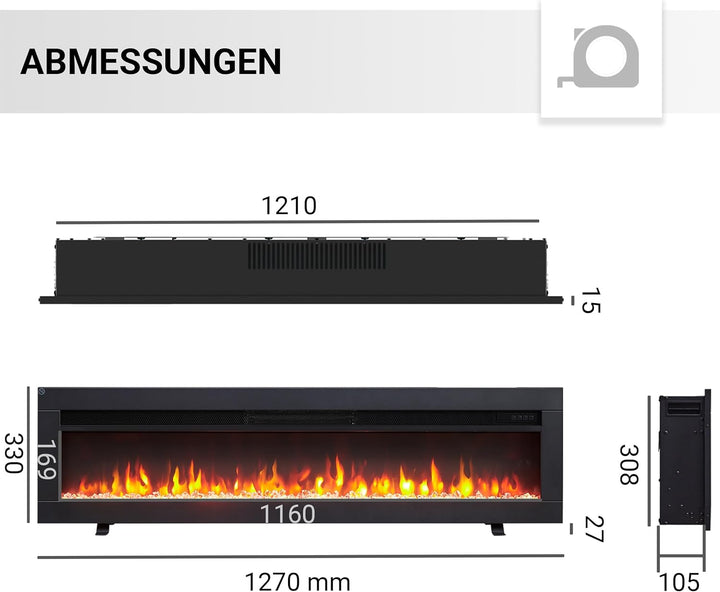 BALDERIA Agnes 50" Elektrokamin - Elektrischer Stand-, Wand- oder Einbaukamin mit Heizung 1000/2000