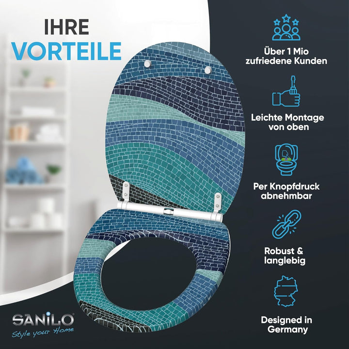 Sanilo WC Sitz mit Absenkautomatik & Schnellverschluss, Toilettendeckel per Knopfdruck abnehmbar, ei