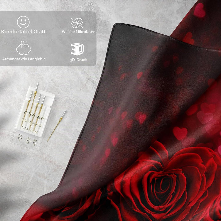 Bettwäsche 3D Rot Rose Bettbezug Set mit Reissverschluss und 2 Kissenbezug, Mikrofaser Kreative Rose