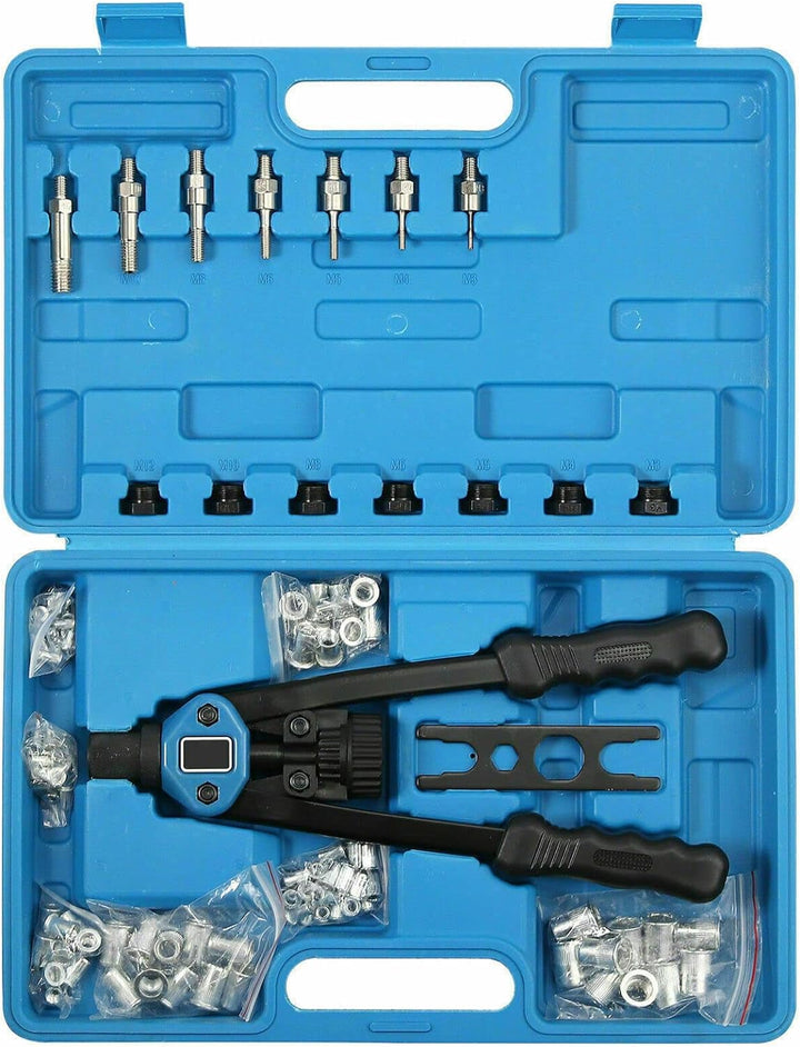 Handnietwerkzeugsatz, 33 cm lange Griffe mit 7 metrischen Dornen und 110 Nietmuttern von M3 bis M12