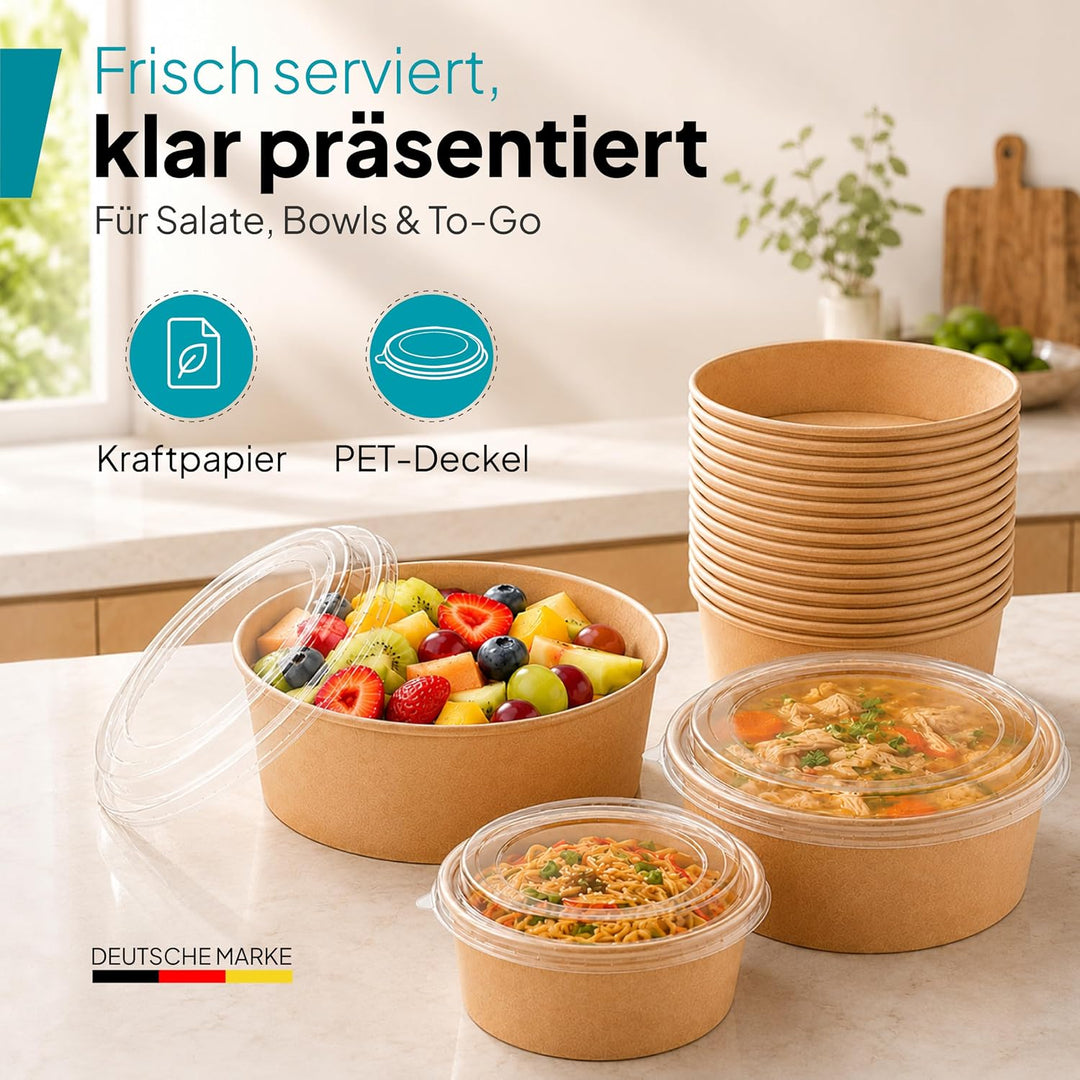 Commerline 1000ml Bio Salatschale Salatschalen | 150 Stk. Salat Schale Schalen Bowl Einweg mit Decke