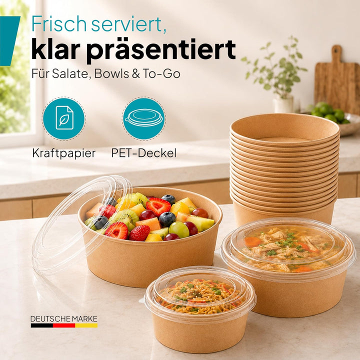 Commerline 1000ml Bio Salatschale Salatschalen | 150 Stk. Salat Schale Schalen Bowl Einweg mit Decke