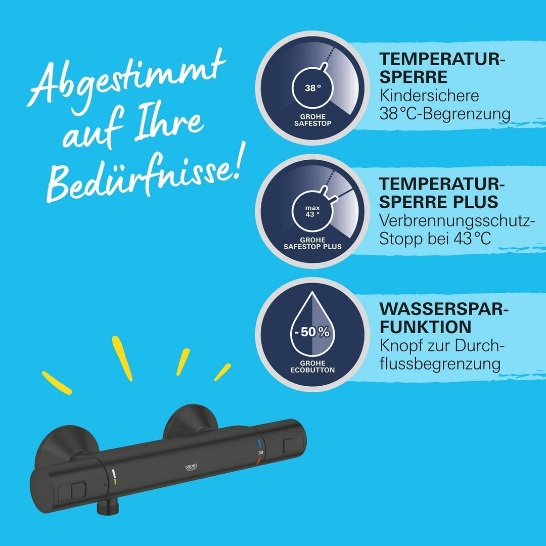 GROHE Precision Start - Thermostat-Brausebatterie (wassersparend, Sicherheitssperre bei 38°C, mit Rü
