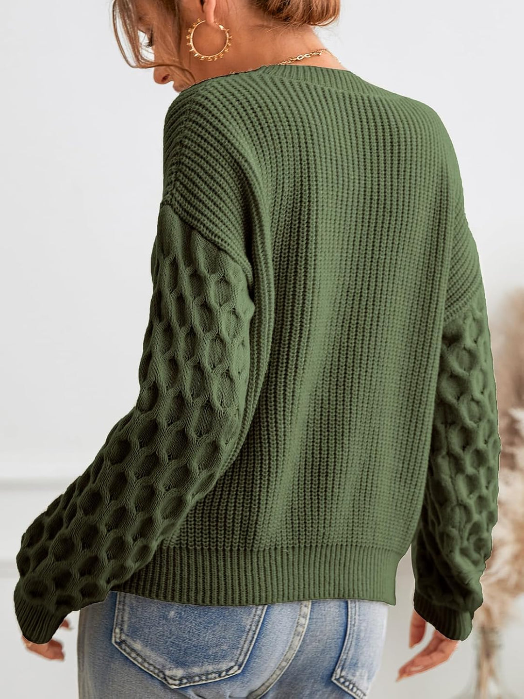 CUPSHE Damen Strickpullover Rundhals Langarm Feinstrick Pulli Jumper Oberteile Tops Honeycomb Knit S