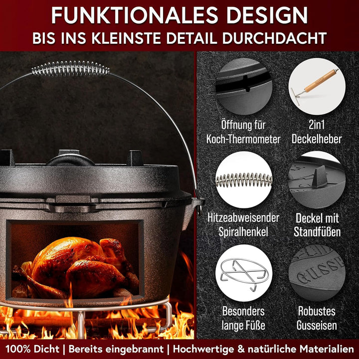 GUSSKÖNIG Dutch Oven Set 8-teilig - bereits eingebranntes Gusseisen Topf Set - Bratpfanne, Grill Top