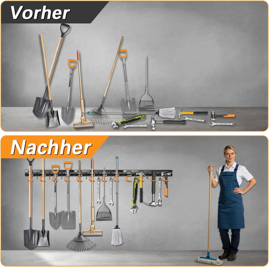 3-H Wandhalterung für Gartengeräte 4X 42cm Vollstahl mit Mini-Haken,Schwarz 42cm 4×42cm mit Haken, 4