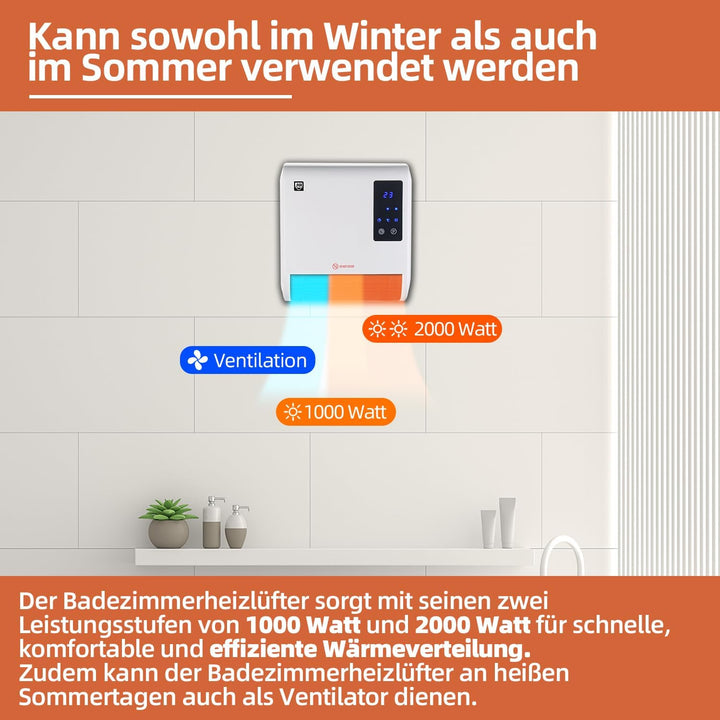 SHX Bad-Heizlüfter 2000W SHX71BHL2000W – Badezimmer-Heizlüfter, 2000 Watt, Schutzklasse: IPX2, Displ