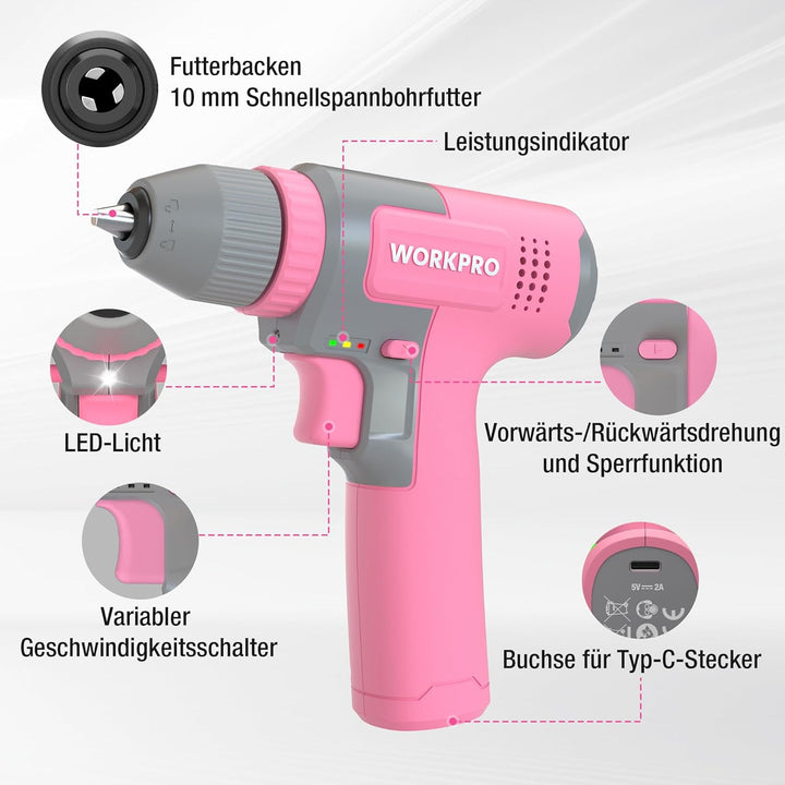 WORKPRO 8V Akku Bohrschrauber Set, Akkuschrauber, 2000 mAh Akku Bohrmaschine, 12 Nm Drehmoment, 10mm