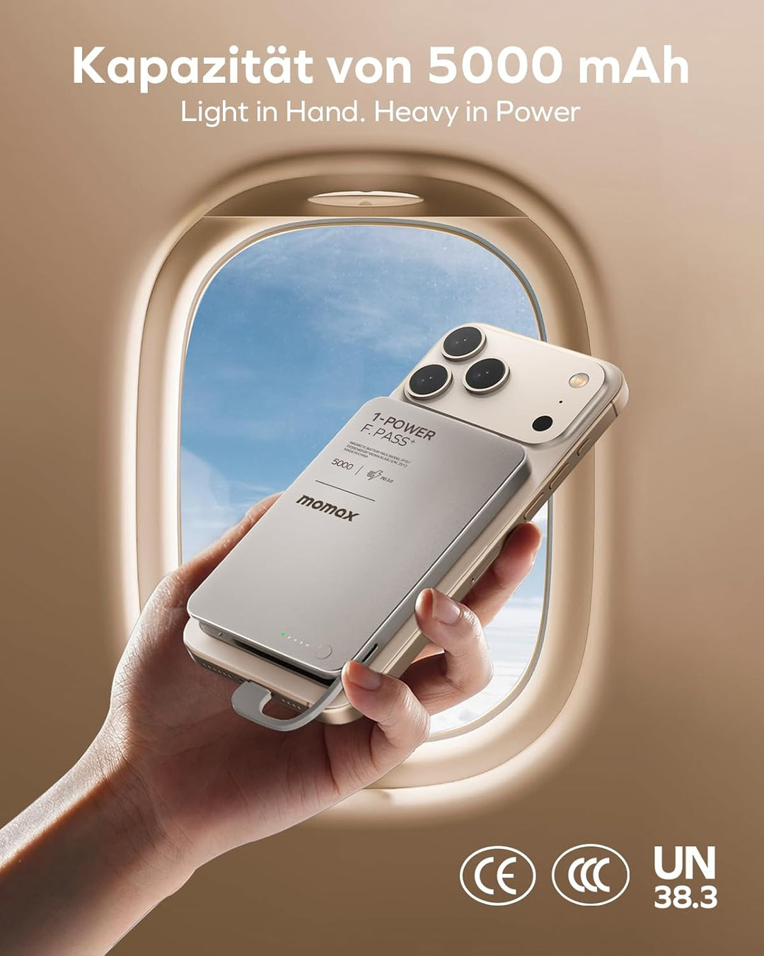 MOMAX Ultra-schlanke Powerbank 5000mAh mit Integriertem USB-C-Kabel, PD 20W Schnellladeakku für iPho