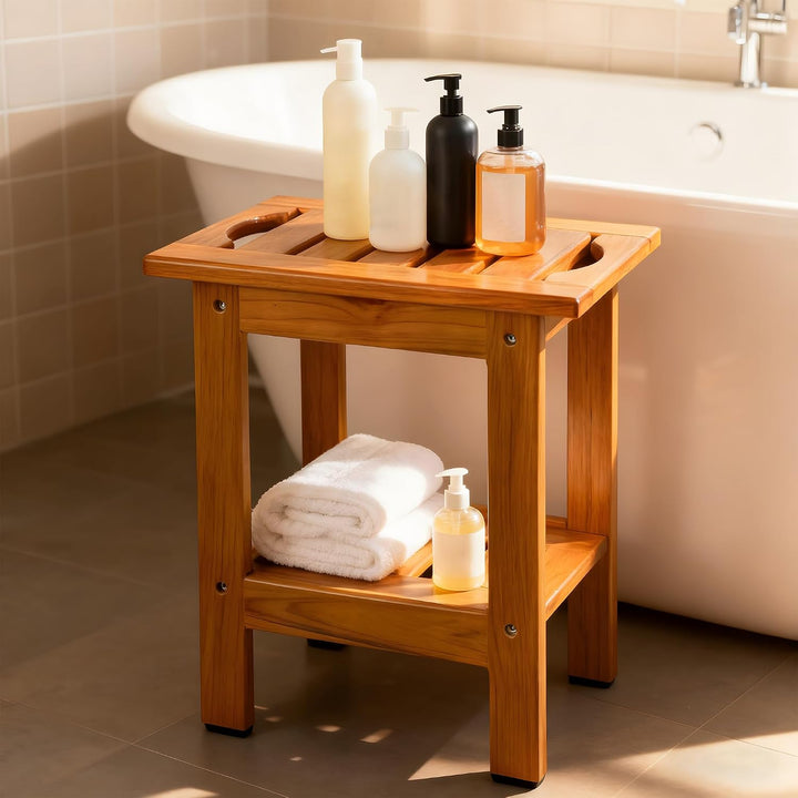 VaeFae Duschbank aus Teakholz Kleiner Badhocker Hocker, Zweistufiger Duschhocker aus Holz, Badezimme
