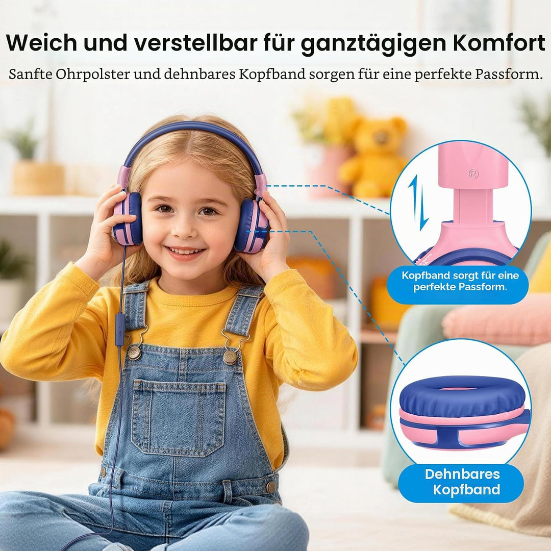 SIMOLIO Kopfhörer Kinder mit eingebautem Mic, Kinderkopfhörer mit Lautstärkebegrenzung 94-85-75dB, S