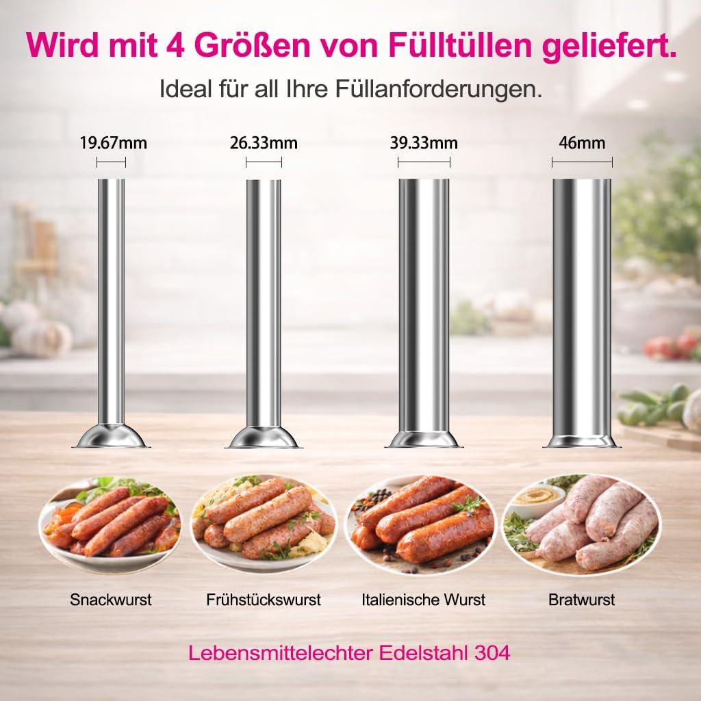 Wurstfüller 5L Manuell, Edelstahl Wurstfüllmaschine mit 2-Gang-Getriebe und 4 Füllrohren, Vertikale