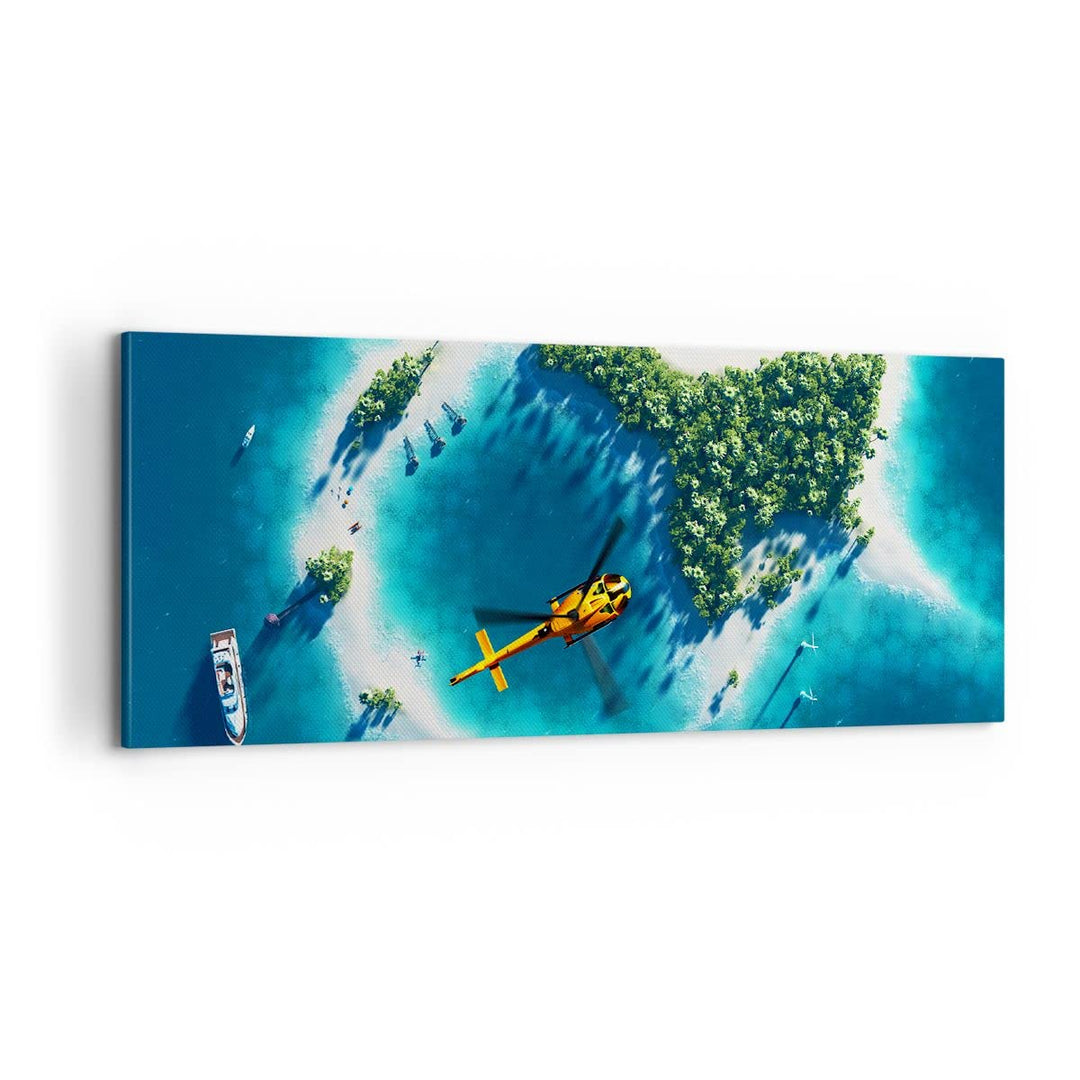ARTTOR Bilder auf Leinwand 100x40cm Leinwandbild Hubschrauber Ozean Insel Paradies Gross Wanddeko Bi
