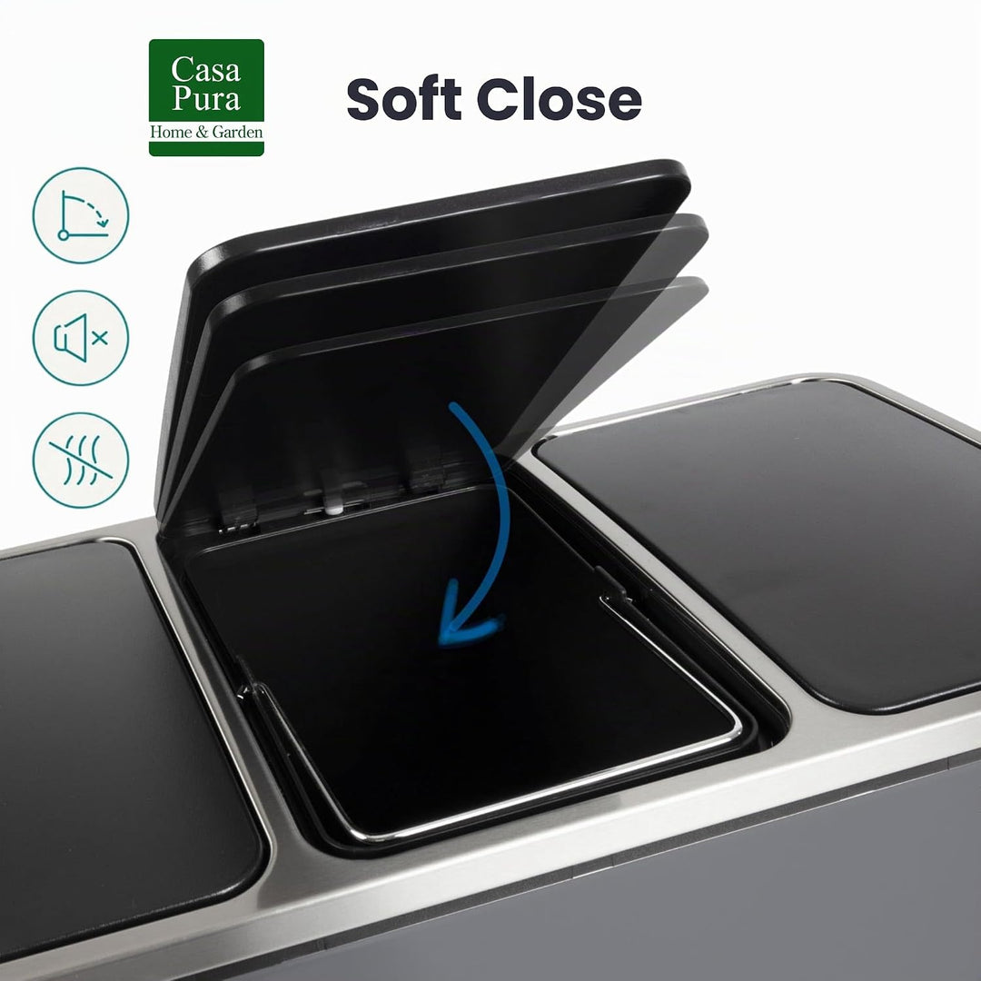 casa pura Mülleimer Küche 2×30L Grau | 2-Fach Mülltrennung, Treteimer Küche, Metall, Soft-Close, luf