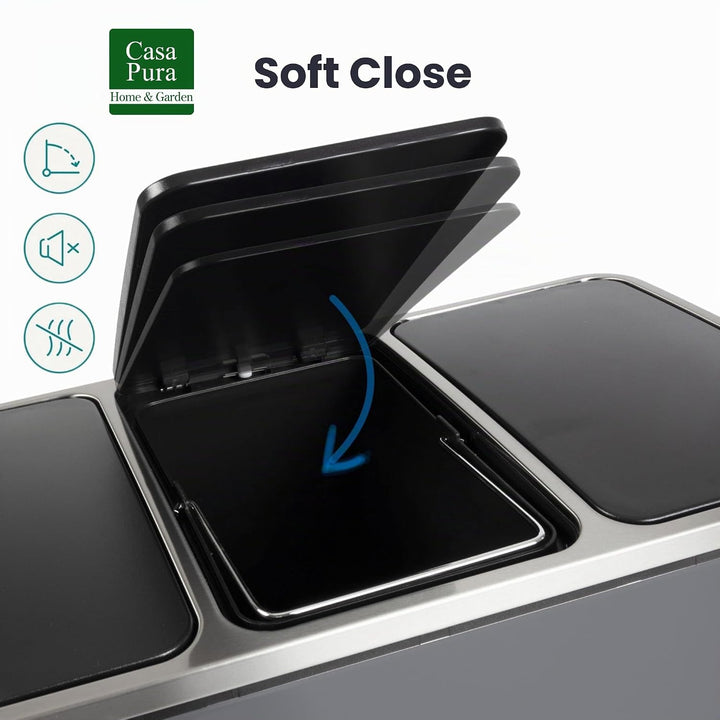 casa pura Mülleimer Küche 2×30L Grau | 2-Fach Mülltrennung, Treteimer Küche, Metall, Soft-Close, luf