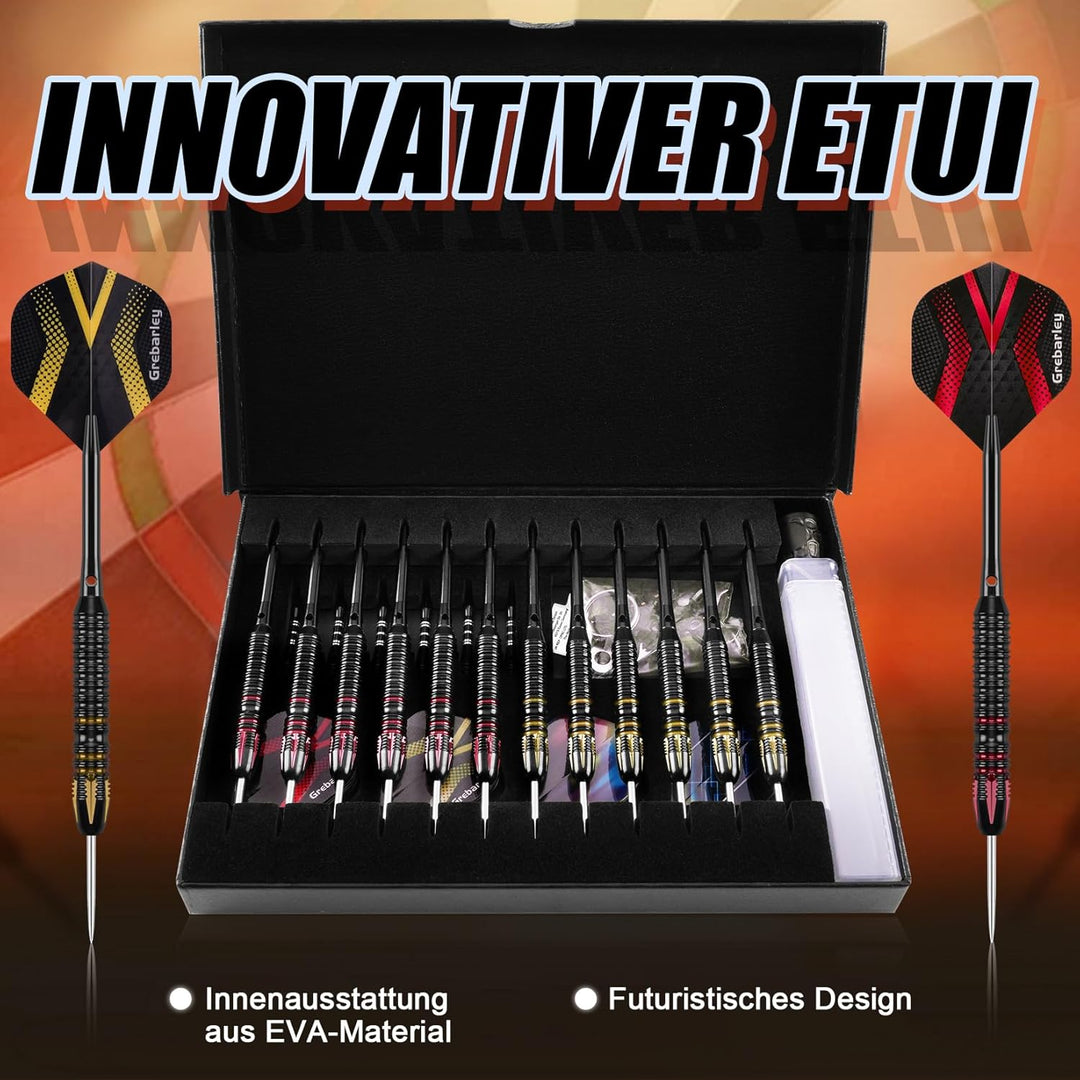 Grebarley Dartpfeile mit Metallspitze,12 Stück Profi Steeldarts 18 Aluminium Schaft mit 9 Flights 20