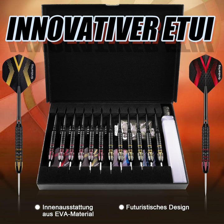 Grebarley Dartpfeile mit Metallspitze,12 Stück Profi Steeldarts 18 Aluminium Schaft mit 9 Flights 20