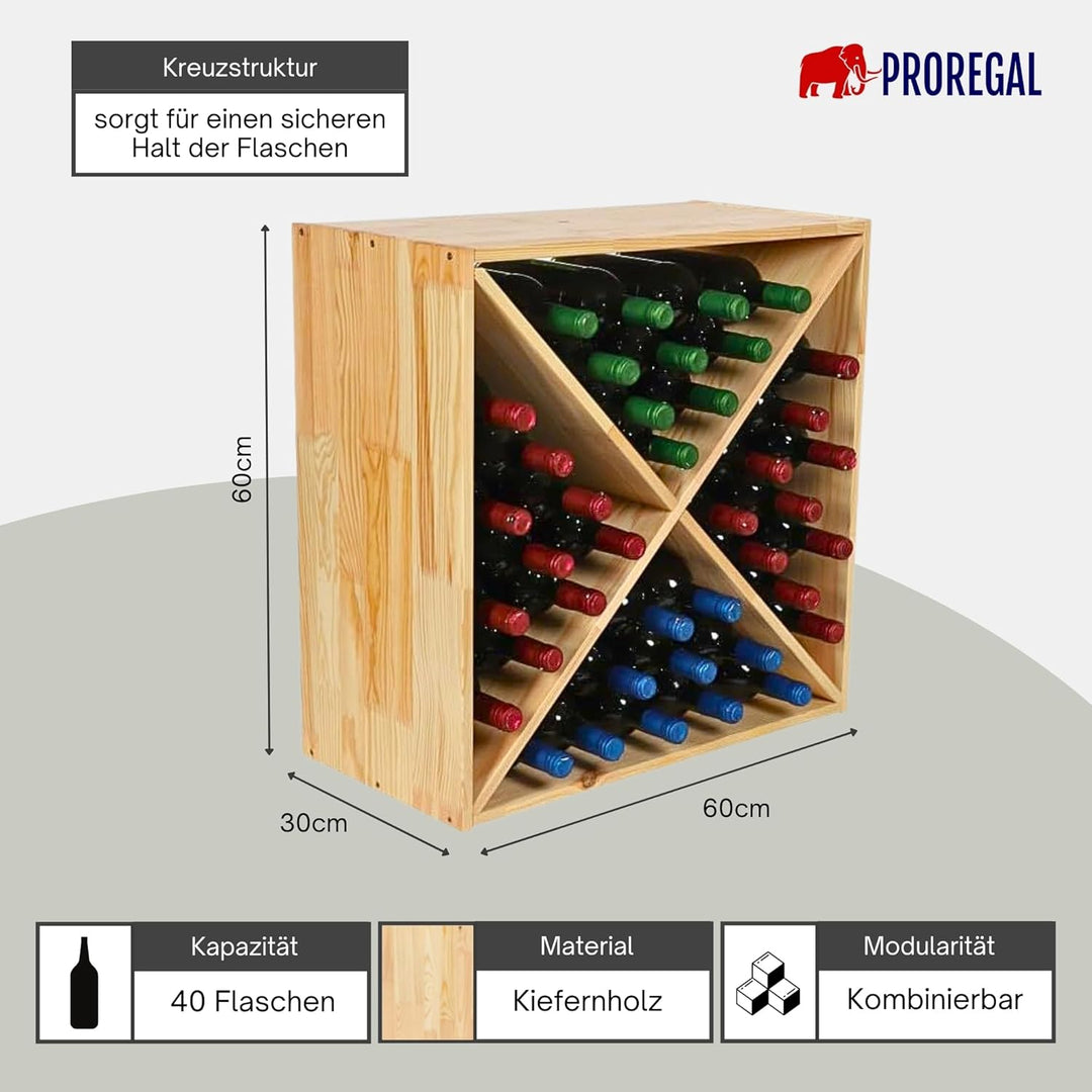 PROREGAL Modulares Weinregal VINCELLAR MOD | HxBxT 60x60x30cm | Kreuz Modul für 40 Flaschen | Massiv