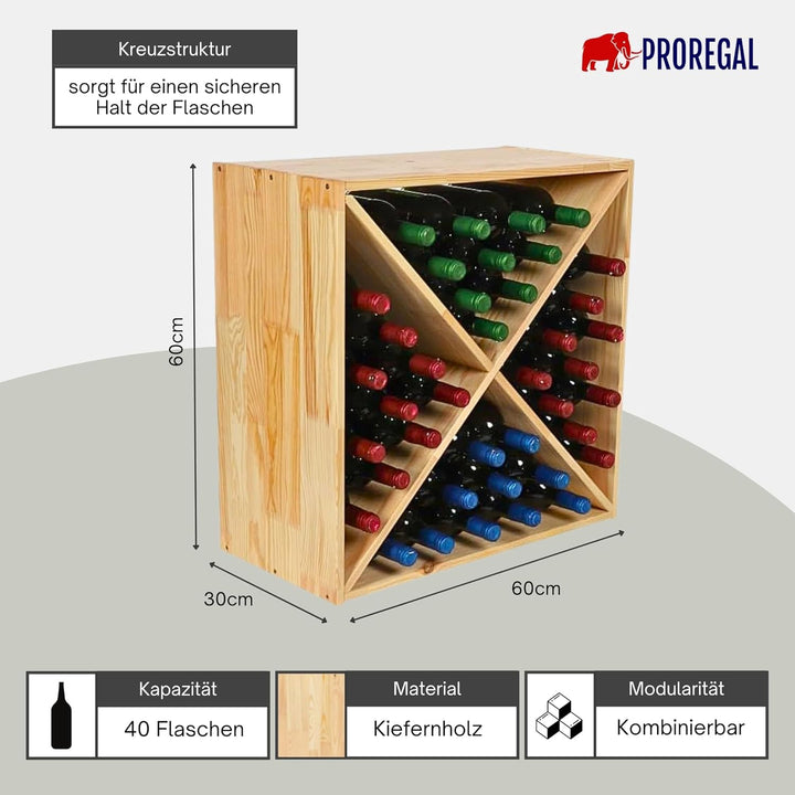 PROREGAL Modulares Weinregal VINCELLAR MOD | HxBxT 60x60x30cm | Kreuz Modul für 40 Flaschen | Massiv