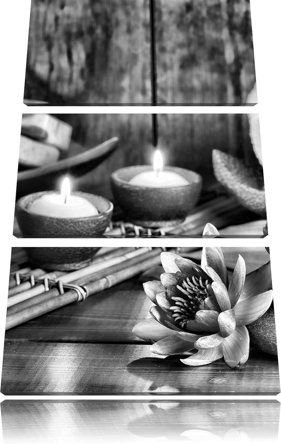 Pixxprint Monocrome, Kerzen mit Zen Steinen und Seerose 3-Teiler Leinwandbild 120x80 Bild auf Leinwa