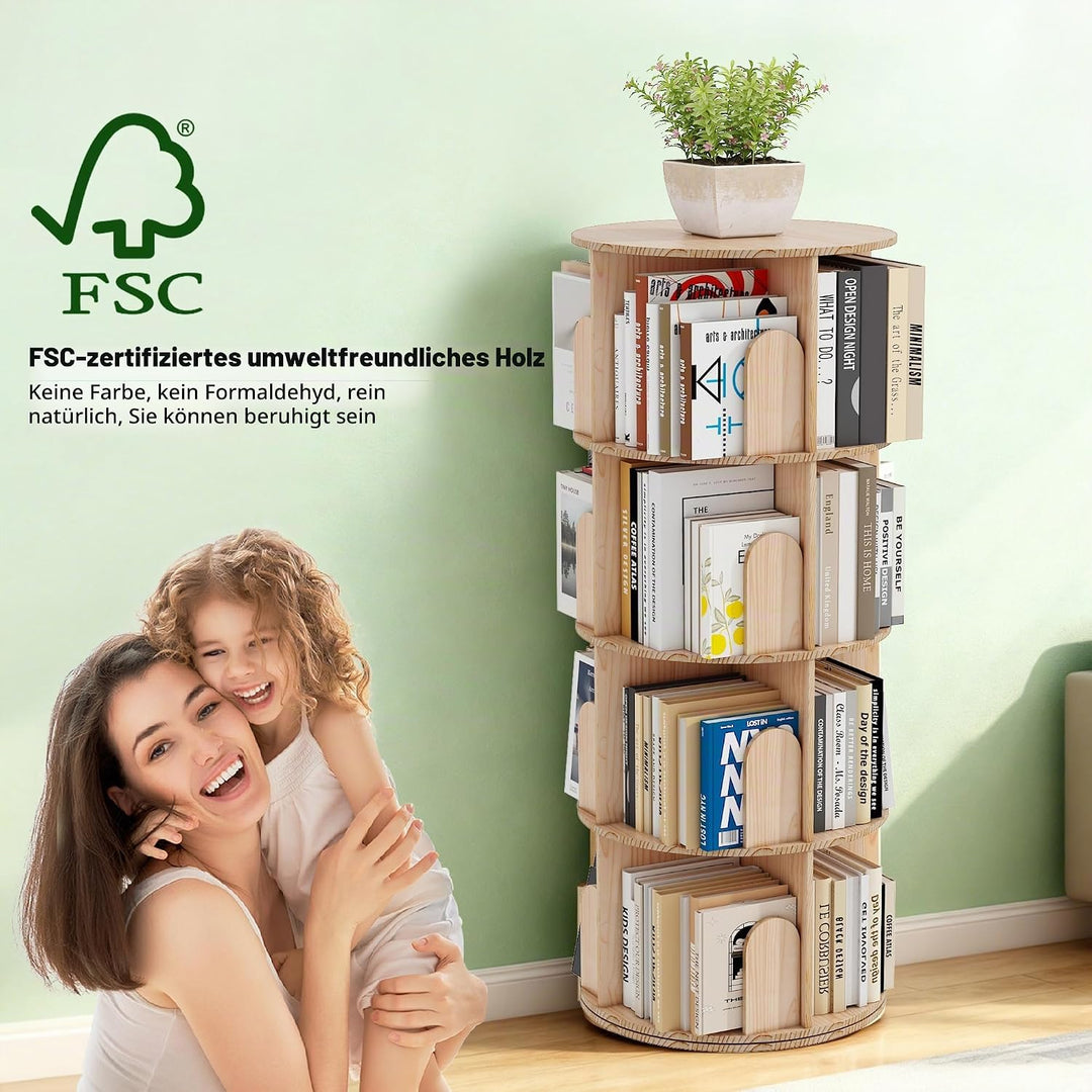 Bücherregal Kinder, 360° Drehbares Bücherregal mit 4 Ebenen, Drehregal Spielzeugregal, Multifunktion