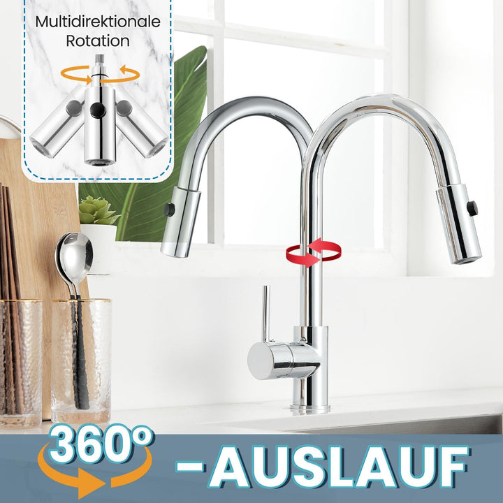 Niederdruck Armatur Küche Ausziehbar,360° Drehbare Küchenarmatur,Wasserhahn mit 3 Anschluessen für B