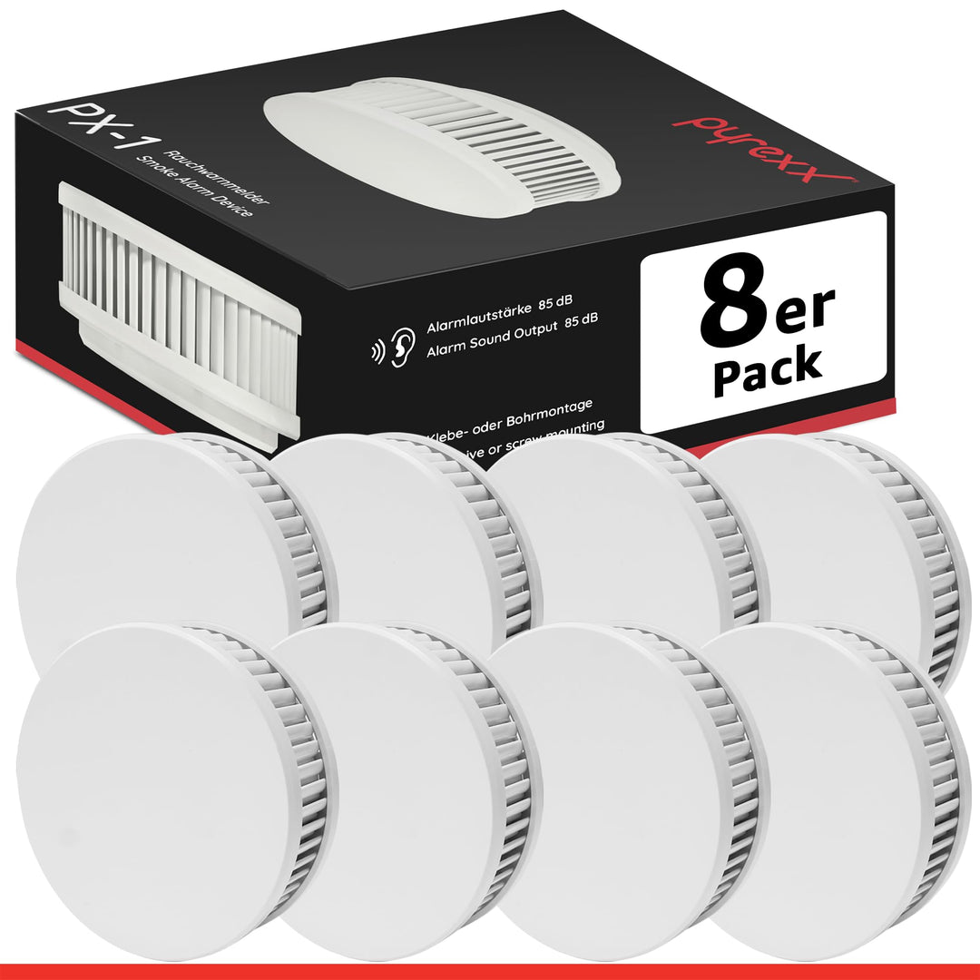 Pyrexx PX-1 Rauchwarnmelder - 8 Stück - 10 Jahre Batterie mit Magnet-Halterung ohne Bohren und LED-B