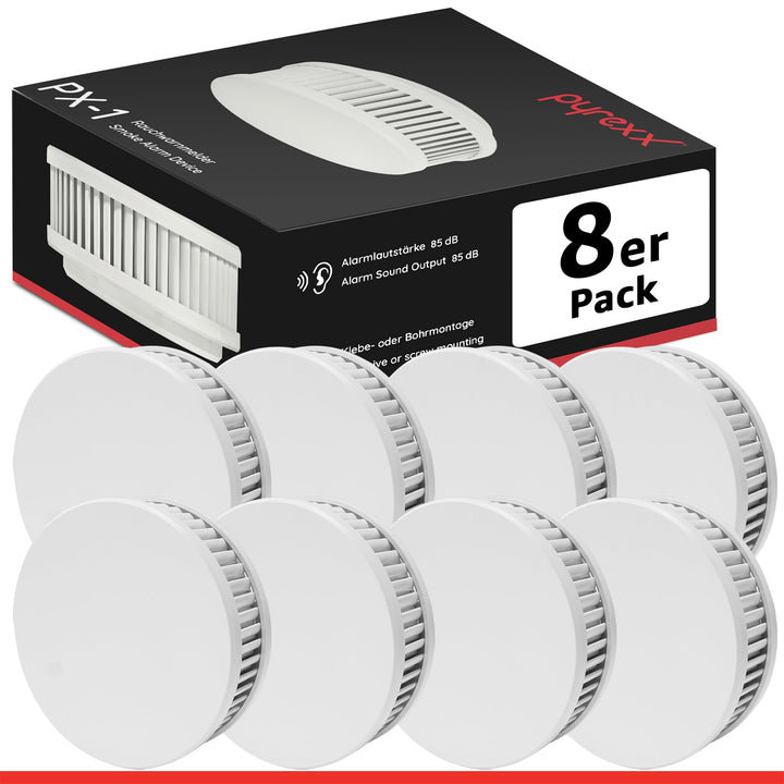 Pyrexx PX-1 Rauchwarnmelder - 8 Stück - 10 Jahre Batterie mit Magnet-Halterung ohne Bohren und LED-B