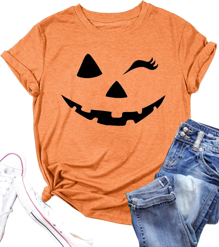 Damen Halloween KüRbisgesicht T-Shirt Frauen KüRbis Shirt Herbst Karneval Shirts L Orange2, L Orange