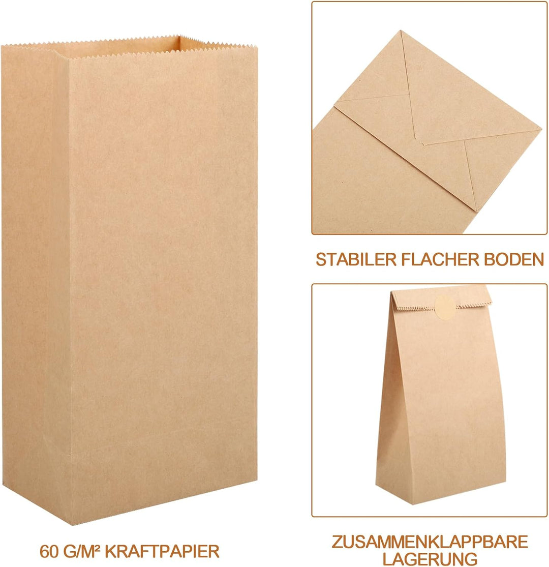 200 Stück Papiertüten, 18x9x5,5 cm Geschenktüten Klein Braun Kraftpapier Tüten Butterbrottüten Mitge
