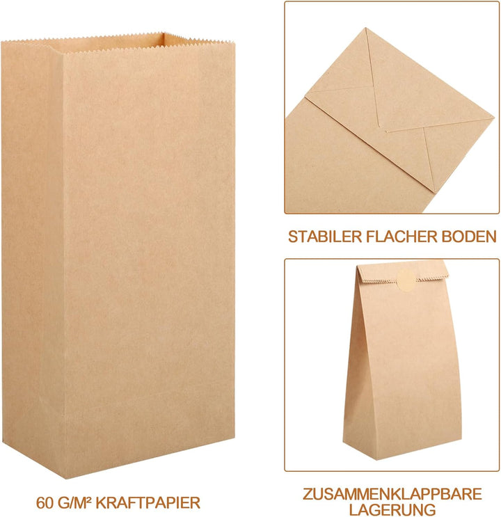 200 Stück Papiertüten, 18x9x5,5 cm Geschenktüten Klein Braun Kraftpapier Tüten Butterbrottüten Mitge