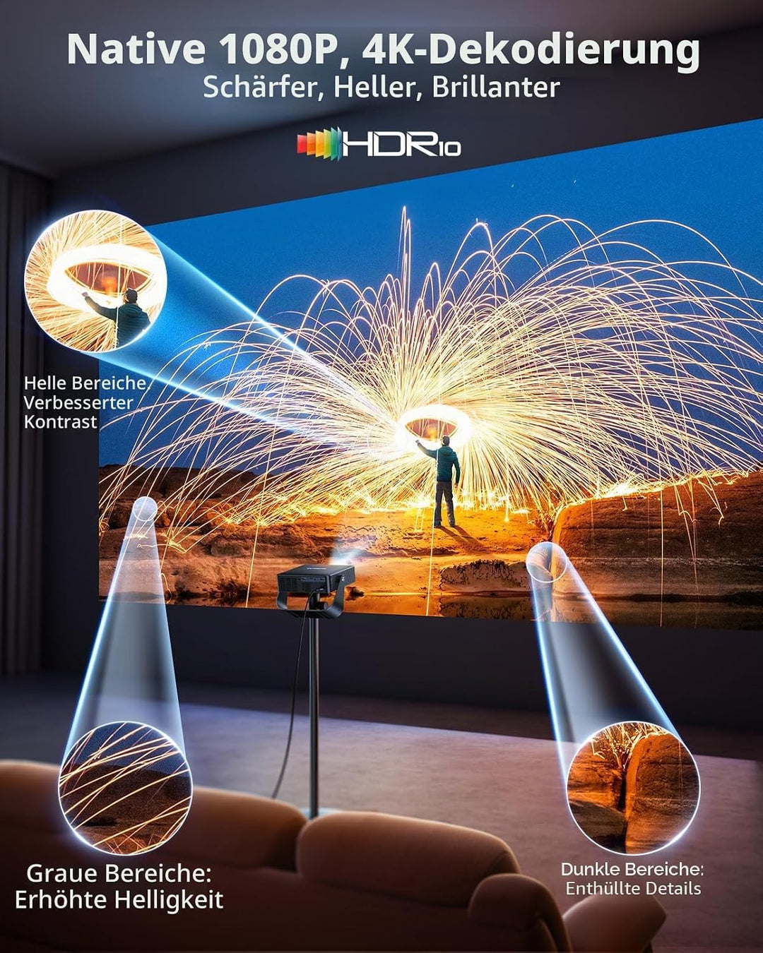 Mini-Beamer, tragbar, 4 K, Projektor, WiFi, Bluetooth, 1080P, FHD, unterstützt integrierte Apps, PUT
