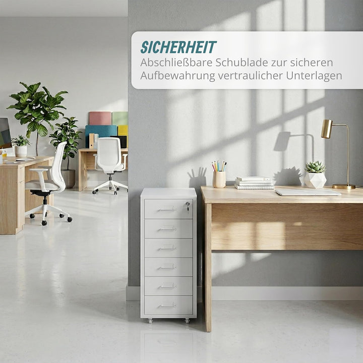 Relaxdays Rollcontainer, 6 Schubladen, HxBxT: 69 x 28 x 41 cm, abschliessbar, Aktenschrank auf Rolle