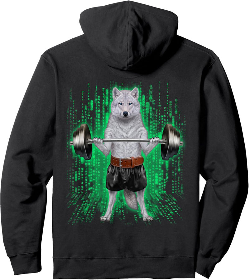 Arktischer Wolf, der Gewichte im Cyber-Fitnessstudio hebt Pullover Hoodie