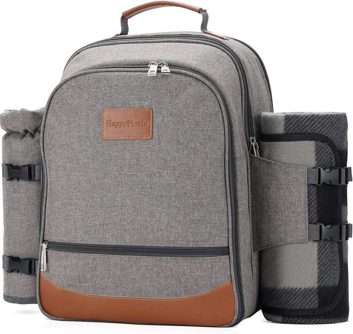 HappyPicnic Isolierter Picknickrucksack für 4 Personen mit komplettem Geschirr, geräumigem Kühlfach,