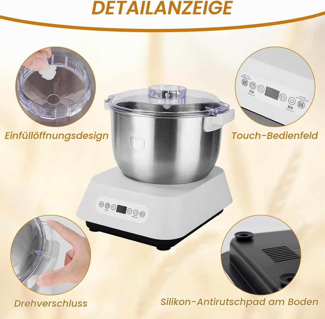 Edelstahl Teigmehl Mixer, 7L Teigknetmaschine mit Fermentierungsfunktion, Edelstahl Teigmaschine mit