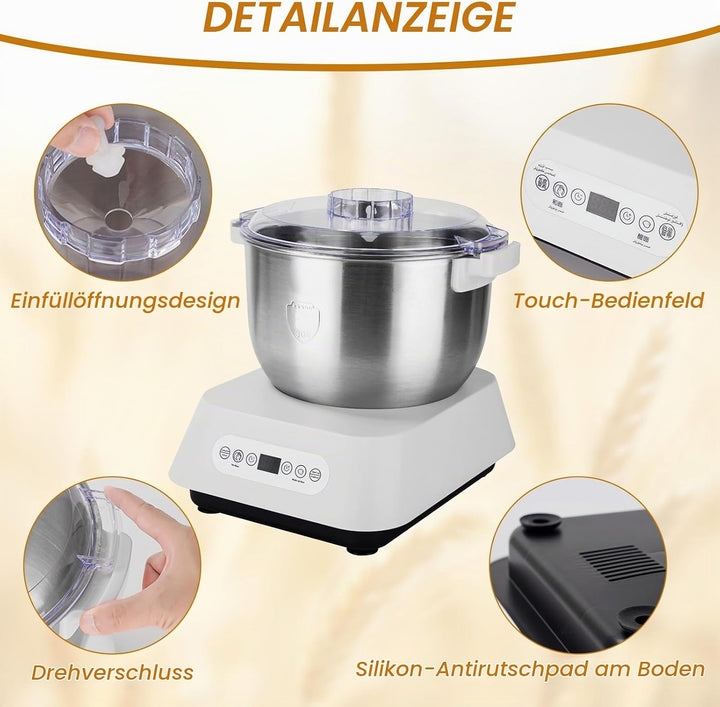 Edelstahl Teigmehl Mixer, 7L Teigknetmaschine mit Fermentierungsfunktion, Edelstahl Teigmaschine mit