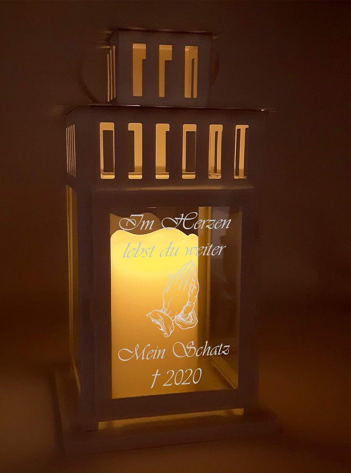 Trauer-Laterne Metall weiss Mod. 4 mit ind. Text und Motiv 28x15,5x15,5 cm Grablaterne Grablicht, We