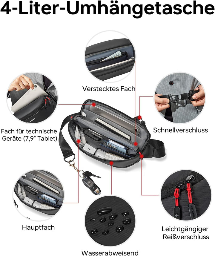 CROSSGEAR Reise-Laptop-Rucksack + Crossbody-Umhängetasche Set, 30L schwarzer wasserdichter Rucksack,