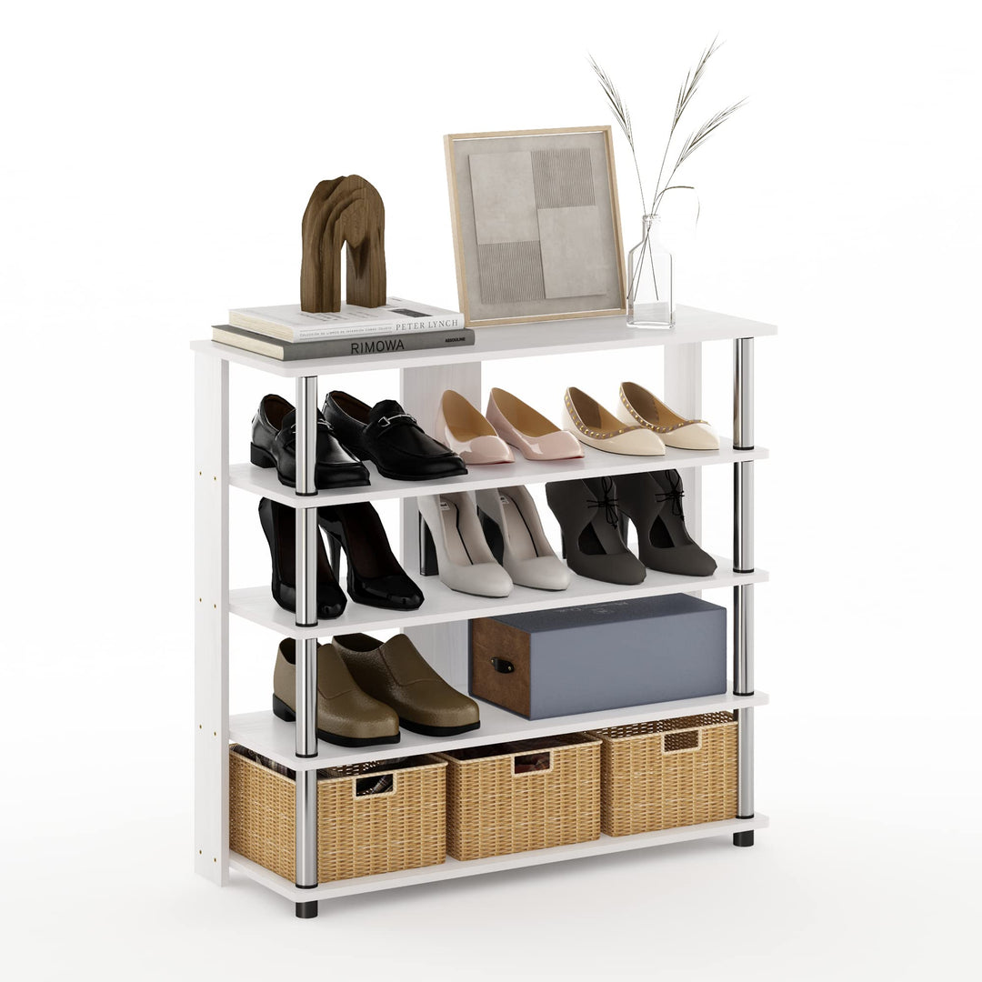 Furinno Turn-N-Tube 5-stöckiges breites Schuhregal, Weisse Eiche/Chrom Weisse Eiche/Edelstahl 5-stuf