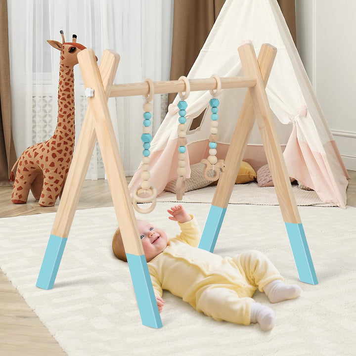 COSTWAY Baby Spielbogen Holz, Spieltrapez klappbar, Baby Gym mit 3 abnehmbaren Kinderspielzeugen, Sp