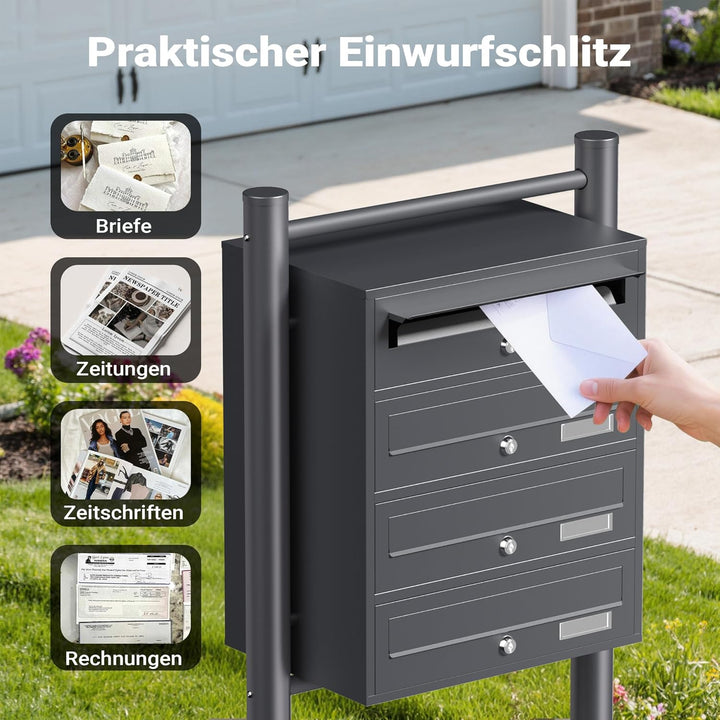 Wiltec 4er Briefkastenanlage Anthrazit 270 x 513 x 1500 mm, Standbriefkasten mit 4 Fächern, Schlüsse