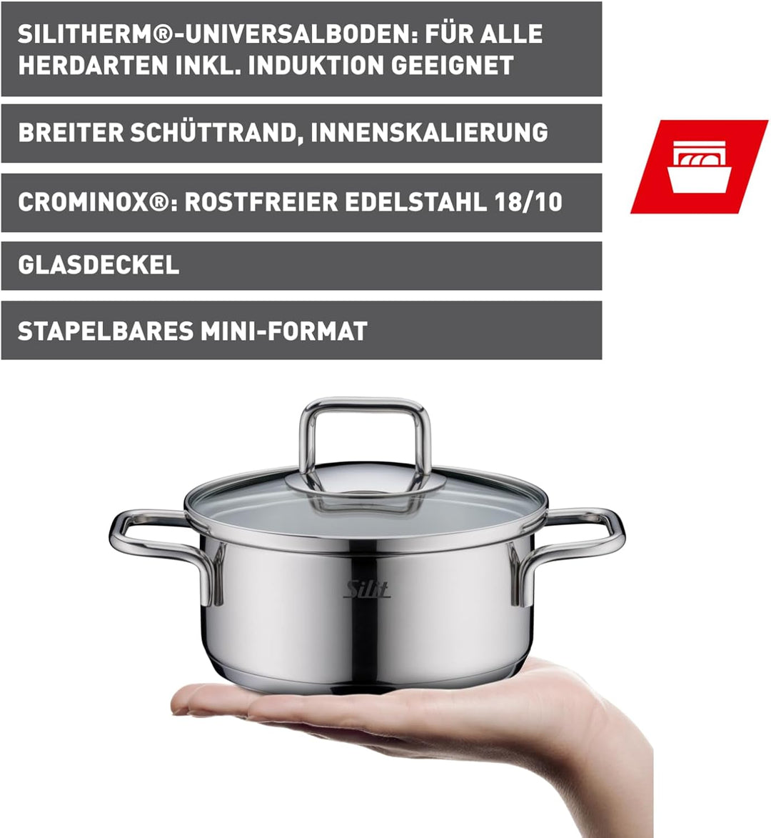 Silit Extra Cook Mini-Bratentopf 14 cm mit Glasdeckel, Innenskalierung, breiter Schüttrand, qualitat