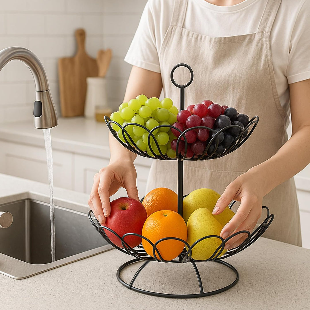 Obst Etagere Schwarz 2 Stöckig – Grosse Obstkorb Etagere aus Metall für Obst und Gemüse Aufbewahrung
